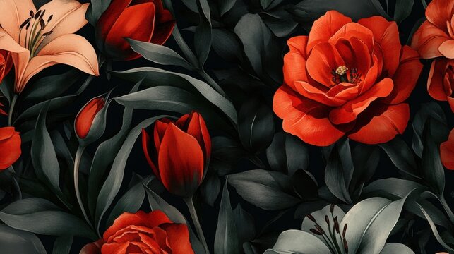 Dark Moody Floral Background with Vibrant Red Roses and Lilies