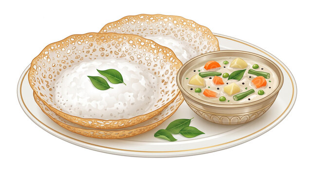 Authentic Kerala Appam with Vegetable Stew PNG Vector Illustration Isolated on Transparent Background