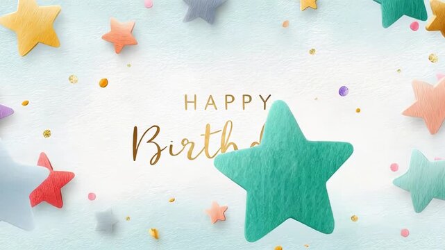 Colorful starry happy birthday greeting card with pastel decorations