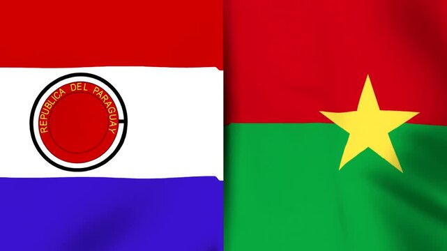 National flags of Paraguay and Burkina Faso waving side by side in a closeup fabric texture view