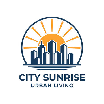 A modern vector logo design featuring urban skyscrapers silhouetted against a bright sunrise inside a circular emblem with bold text below