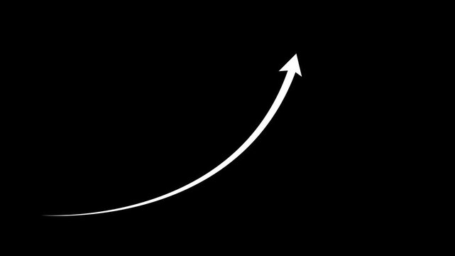White curved growth arrow pointing up animation video on black background..