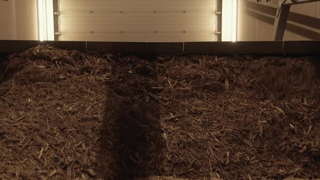Wood chips falling into storage bunker filling biomass pile