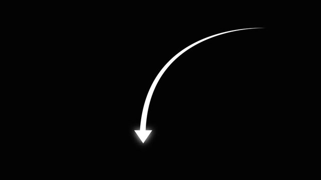 white curved arrow pointing down animation with glowing tip animation on black background