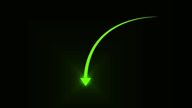 curved arrow pointing down animation with glowing tip animation on black background