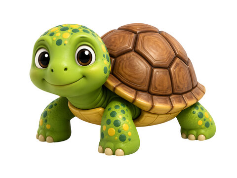 Cute green turtle character, friendly baby tortoise, 3D cartoon animal toy isolated on Transparent Background