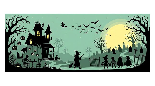 Spooky halloween night scene with haunted mansion cemetery and children trick or treating under full moon with group costumed children walking past witch