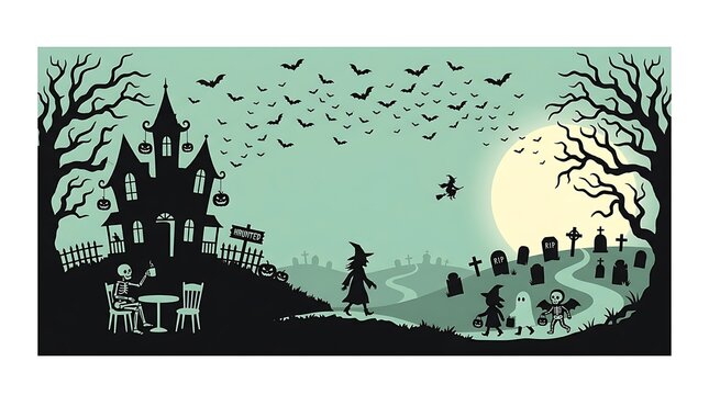 Spooky halloween night landscape with costumed children under full moon presents whimsical halloween mansion silhouette graveyard with flying bats costumed