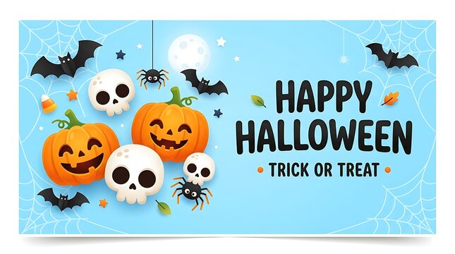 Festive halloween holiday greeting card design featuring cute pumpkins skulls bats spiders and cobwebs against a soft light blue background