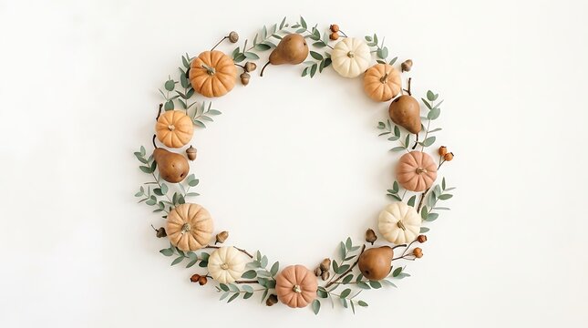 Autumn seasonal wreath arrangement composed with decorative pumpkins pears eucalyptus leaves with acorns clean white background displays circular seasonal