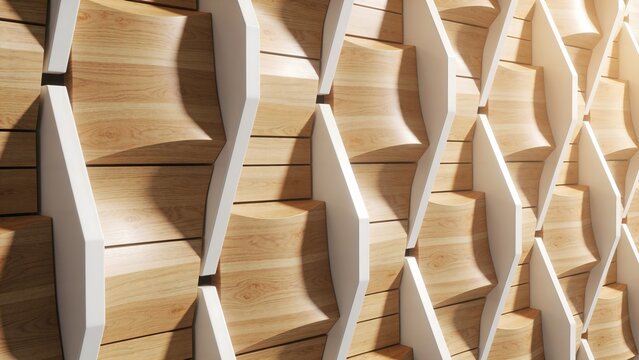 Contemporary parametric wooden wall cladding texture with white vertical panels and warm timber finish suitable for modern interior design acoustic panel background and architecture banner