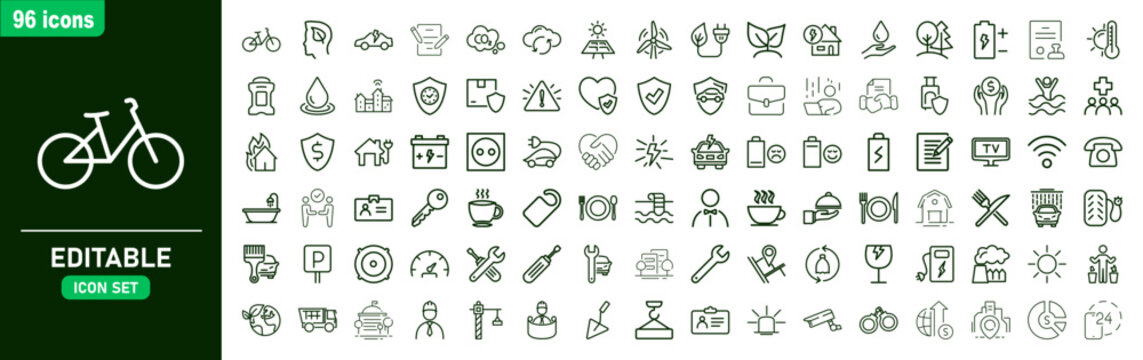 Set of ninety eight flat linear icons representing ecology energy environment technology and business concepts