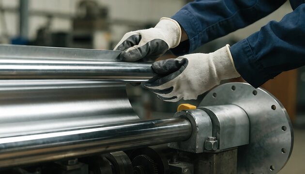 Factory worker operating metal rolling machine for industrial manufacturing production process.