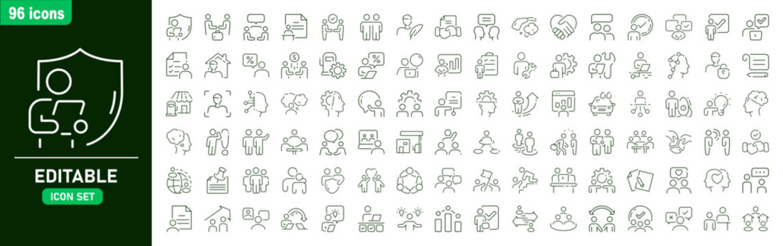 Set of ninety five business and management line icons featuring people and office work symbols for projects