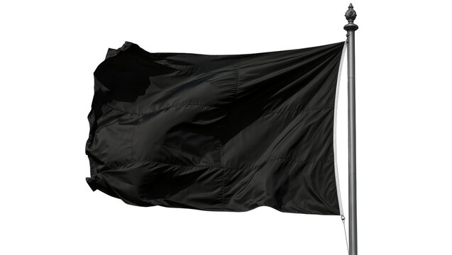 Waving black flag on metal pole, isolated on transparent background