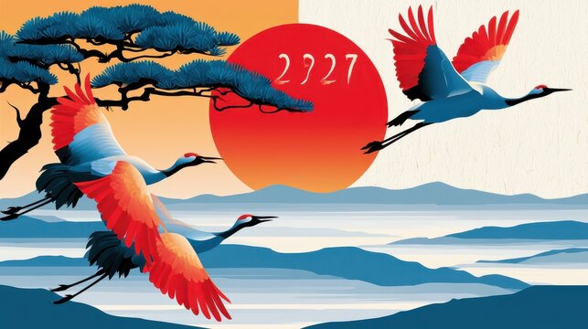 Japanese New Year 2027 illustration with cranes and red sun in sumi e style