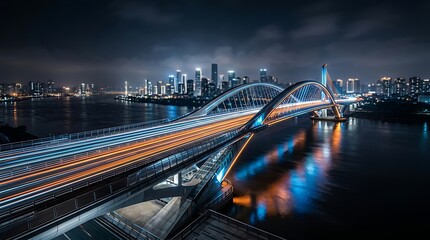 Naklejka premium Stunning night view of a modern city skyline with a brightly illuminated bridge featuring long exposure light trails