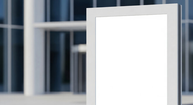 Empty white billboard totem stand outside a contemporary office