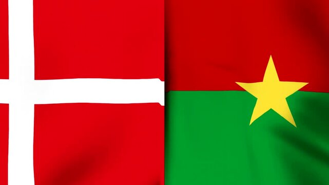 Two national flags of denmark and burkina faso waving together side by side