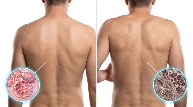 Cellulite Skin Texture Body Fat, medical illustration comparing smooth and dimpled skin with underlying subcutaneous fat changes on the back