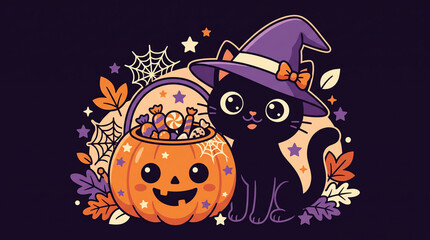 Fototapeta premium Cute black kitten wearing a purple witch hat sitting next to a smiling jack o lantern pumpkin bucket