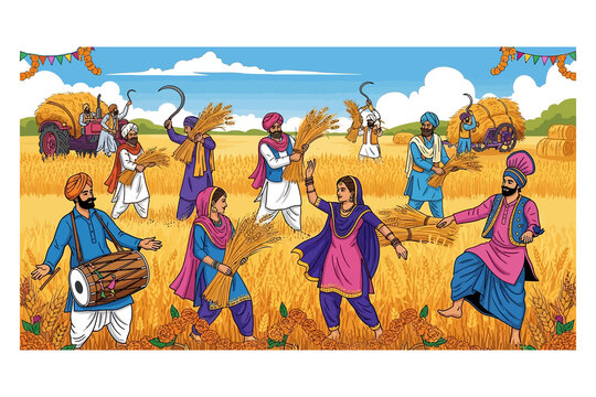 Punjabi Farmers Bpngsakhi Harvest Celebration Vector Illustration
