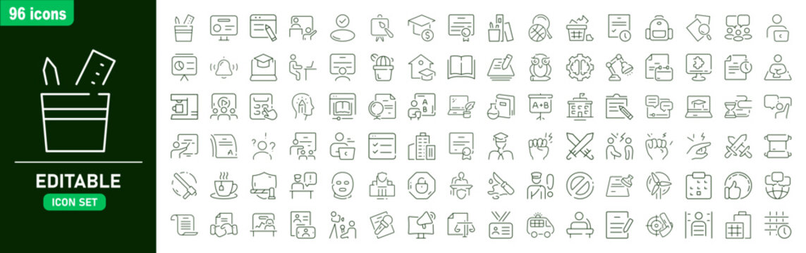 Set of ninety five education and school line icons for students teachers and classroom learning activities