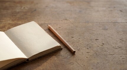 Fototapeta premium Blank open notebook and wooden pencil on a rustic wooden table background for sketching and writing