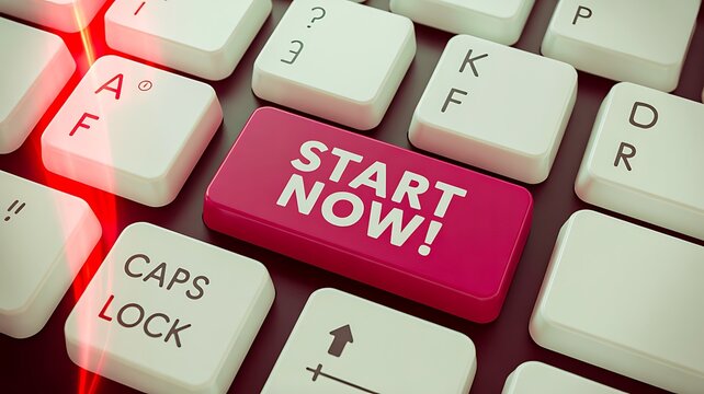 Start now button on computer keyboard symbolizing action motivation and productivity