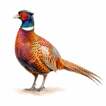 Watercolor Ring-necked Pheasant Standing, Game Bird Illustration Isolated on White Background