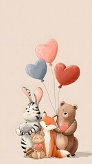 Naklejka premium Cute Hand Drawn Animal Characters Holding Pink Heart Shaped Balloons
