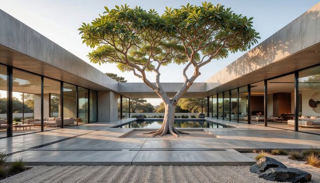 Modern Minimalist Luxury Residence with Central Courtyard and Sculptural Tree Feature