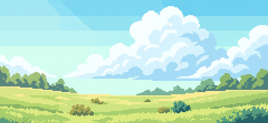 Fototapeta premium Pixel Art Green Summer Meadow with Large Cumulus Clouds and Bright Blue Sky