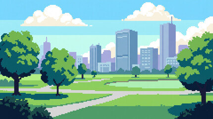 Pixel Art Modern City Skyline Viewed from Green Urban Park on Sunny Day © Bohdan