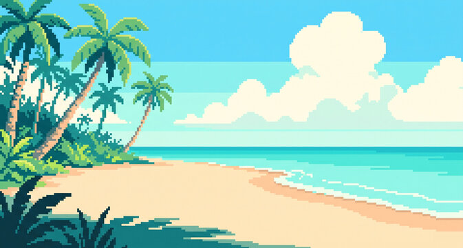 Pixel Art Tropical Beach with Palm Trees, Turquoise Ocean and Sunny Summer Sky