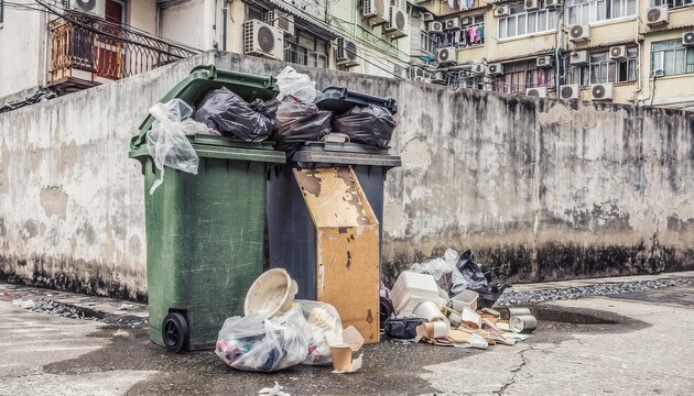 Overfilled Outdoor Waste Bins and Scattered Household Refuse in an Urban Alleyway Setting