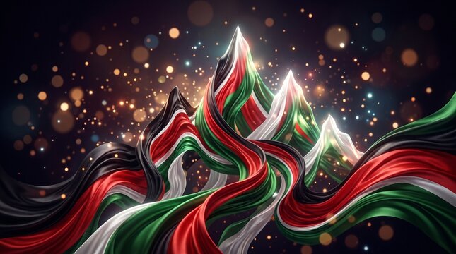 Dynamic mountain-like waves composed of Kenya flag colored black, red, white, and green silk with glowing bokeh lights