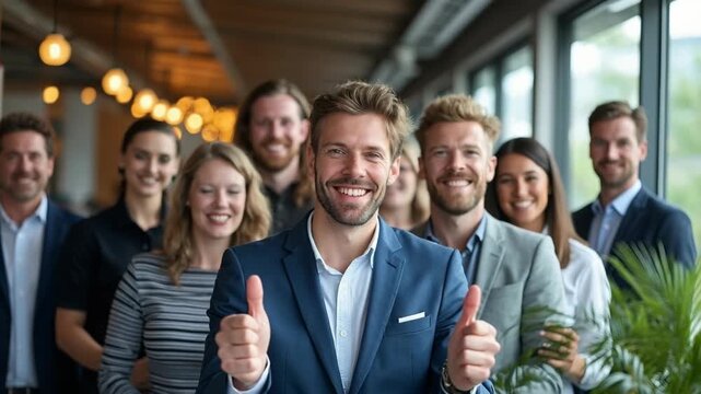 Group of diverse young business professionals standing together indoors. The team looks motivated, confident, and gives a thumbs-up gesture to celebrate their success and collaboration.