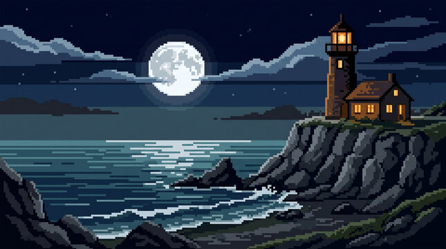 Pixel Art Lighthouse on Rocky Coast under Full Moon and Starry Night Sky