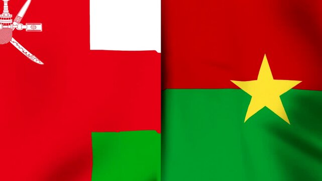 Waving flags of Oman and Burkina Faso side by side representing international cooperation and diplomatic relations