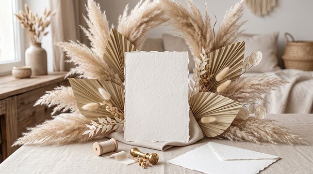 Boho wedding invitation mockup with blank arch paper card, dried pampas grass, palm leaves, and beige linen fabric background