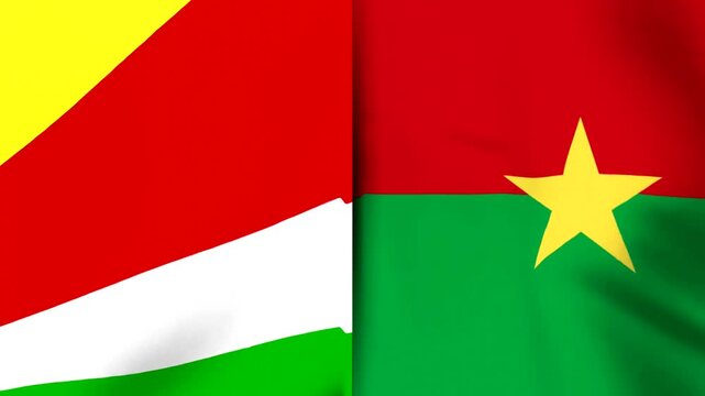 Waving flags of Seychelles and Burkina Faso side by side representing international cooperation and diplomatic partnership