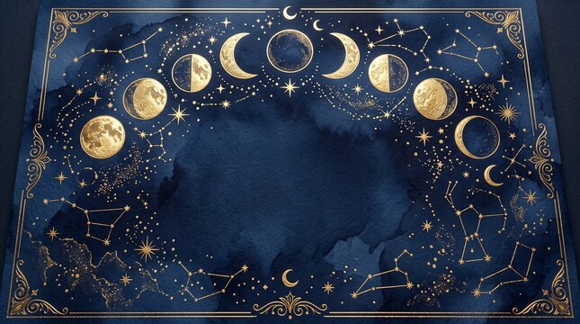 Celestial invitation background with gold moon phases, star constellations, and ornate vintage frame on dark navy blue watercolor texture