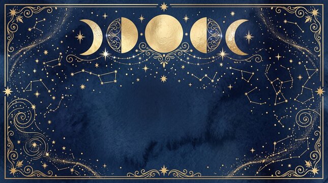 Celestial invitation background with gold moon phases, star constellations, and ornate vintage frame on dark navy blue watercolor texture
