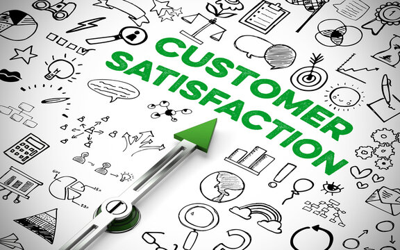 Kompass zeigt auf Schriftzug Customer Satisfaction zwischen Icons
