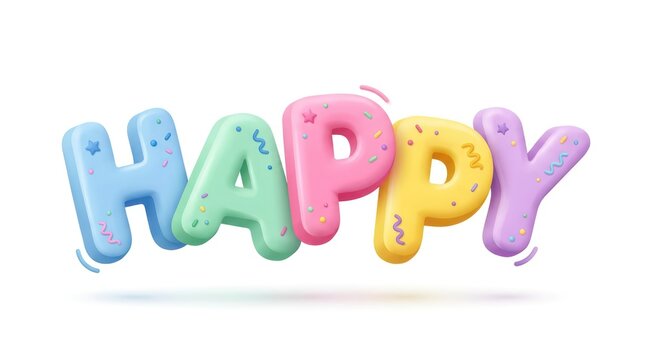 3D Colorful Happy Text Illustration with Pastel Colors and Sprinkles