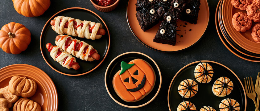 Overhead flat lay of a Halloween party food table mummy hot dogs, spider deviled eggs, monster brownies, pumpkin cookies, and orange decor on dark slate. Perfect for seasonal entertaining.