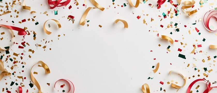Joyful celebration flat lay with gold, red, and green confetti pieces and curled ribbons framing a clean white copy space. Perfect for holiday party invites, New Year campaigns, and festive.
