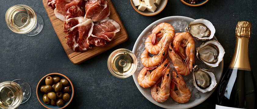 Elevated New Years entertaining captured overhead iced prawns, fresh oysters, jamn, olives, cheese, and sparkling wine styled on dark slate for gourmet social dining.