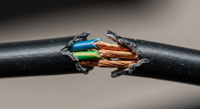 Close-up of severed electrical cable exposing copper conductors and insulated wires. Damaged wiring illustrating electrical hazard, maintenance, repair, safety inspection, and infrastructure failure.